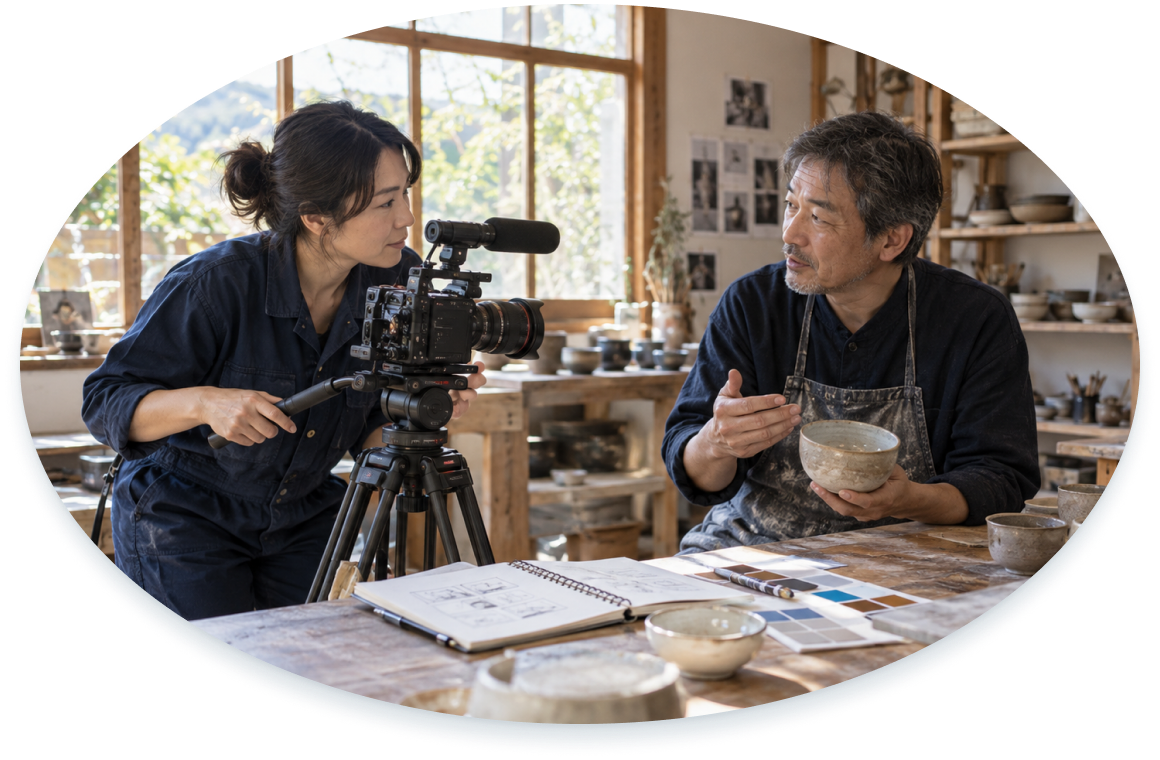 映像制作者が陶芸家の想いを聞きながら商品を撮影するイメージ