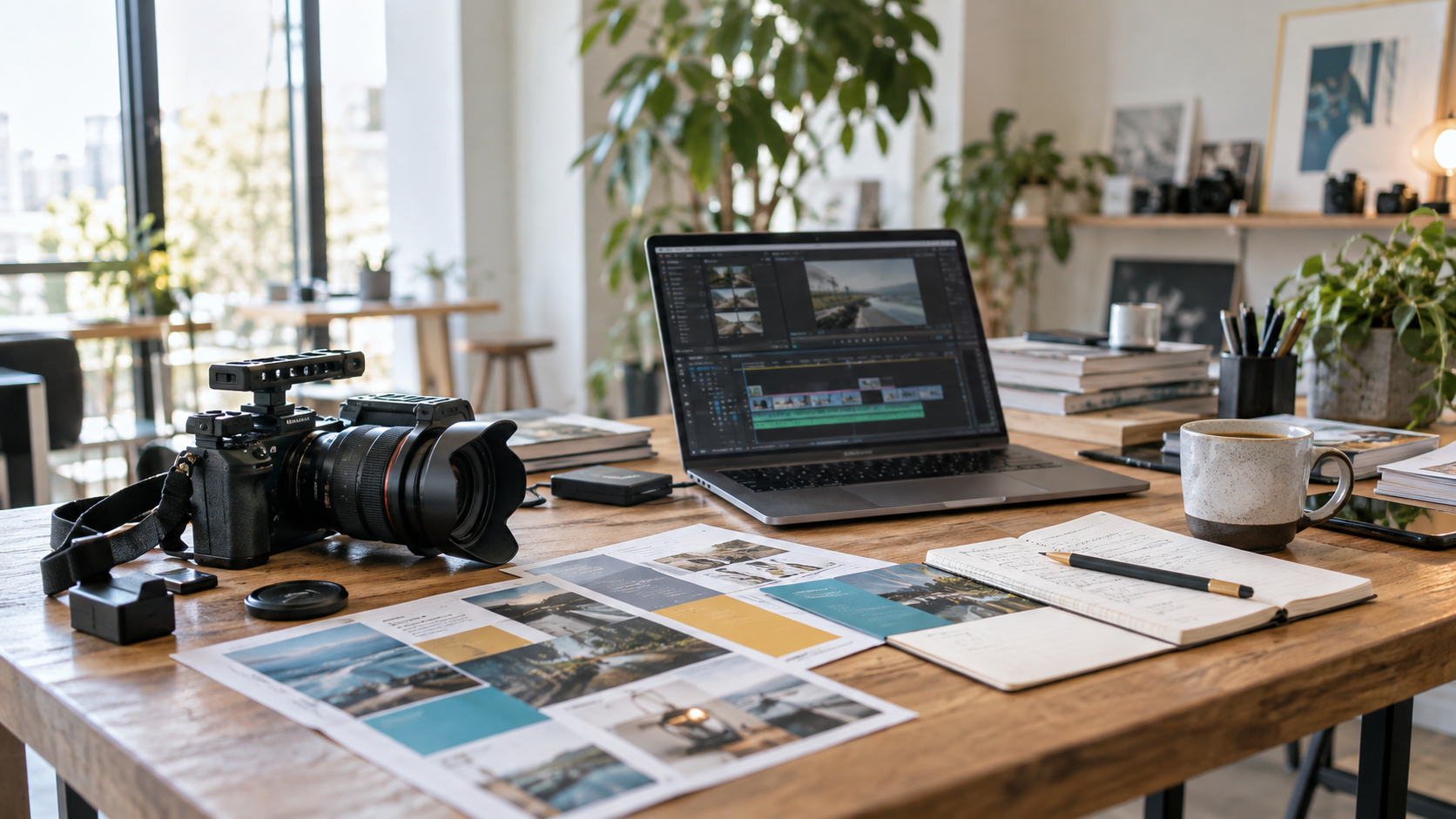 カメラ、編集用PC、写真と印刷物を並べた制作デスク